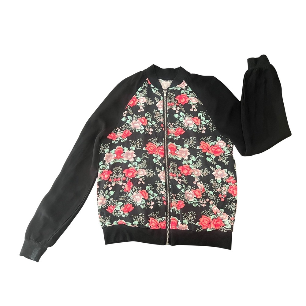 Kendall & Kylie Floral Bomber Jacket Black Pink Full Zip Women Medium M (1052)